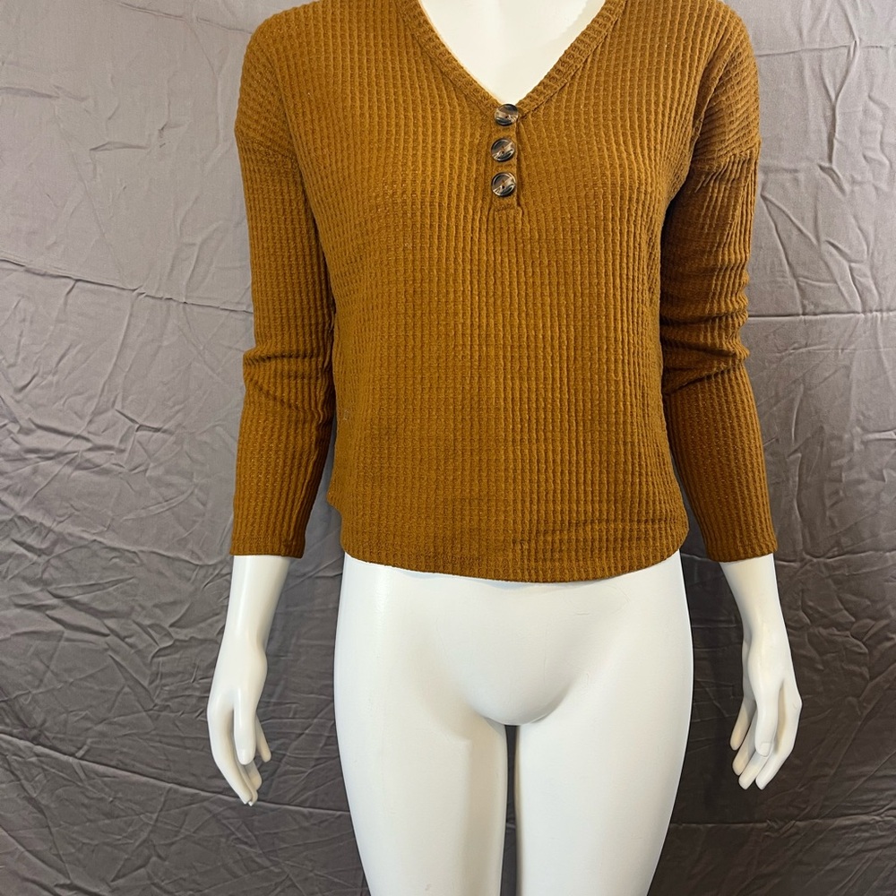 Heart Hips Ribbed V-Neck Button Knit Top - Mustard